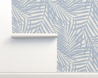 Modern Tropical Commercial Grade Wallpaper - Soft Blue Palm by danika_herrick - Coastal Beach Caribbean Wallpaper Double Roll by Spoonflower
