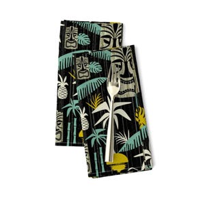 Tiki Dinner Napkins (Set of 2) - Island Tiki - Black by heatherdutton - Tropical Mid Century Modern Vintage  Cloth Napkins by Spoonflower