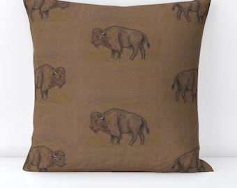 Rustic Western Throw Pillow - Monochrome Buffalo  Bison Southwest Brown Decorative Square Throw Pillow - Bison Or Buffalo by eclectic_house