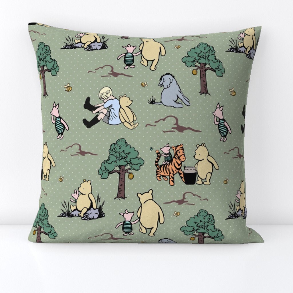 Winnie The Pooh Throw Pillow - Classic Pooh by kristeninstitches - Sage Green  Piglet Eeyore Decorative Square Throw Pillow by Spoonflower