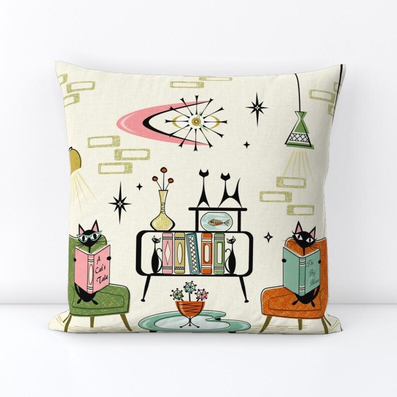 Mid Century Modern Retro Cats Throw Pillow - Thumbnail 2