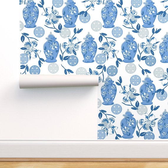 Chinese Inspired Wallpaper Blue Vases by Aliwilkinsondesigns | Etsy