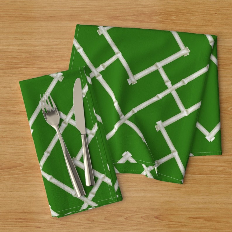 Set of 2 - Osaka Bamboo Trellis In Green by willowlanetextiles Trellis Dinner Napkins Chinoiserie Asian Cloth Napkins by Spoonflower