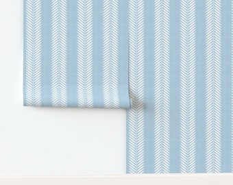 Leaf Stripe Non-Pasted Wallpaper Coordinate Blue Chevron - Half Scale Laurel Leaf Stripe by danika_herrick Wallpaper by Spoonflower