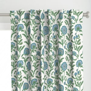 Block Print Curtain Panel - Marigold Blue by whitneyenglish -  Jacobean Floral Folk Botanical Green Custom Curtain Panel by Spoonflower