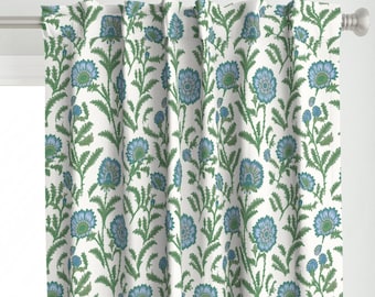 Block-Print Panel - Jakobinische Floral Folk Botanische Blaue Ringelblume Grün Panel-Gardine - Ringelblumen blau by whitneyenglish -