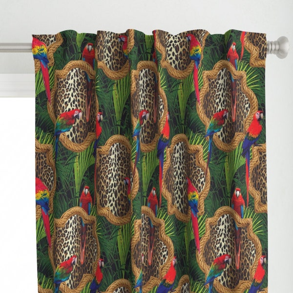 Maximalist Curtain Panel - Hanging Around by kwmeredith - Leopard Print Tropical Jungle Macaw Parrot Custom Curtain Panel by Spoonflower