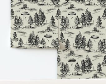Alien Toile vliesbehang Black Space Alien - Alien Abduction Toile De Jouy door somecallmebeth Wallpaper Double Roll van Spoonflower