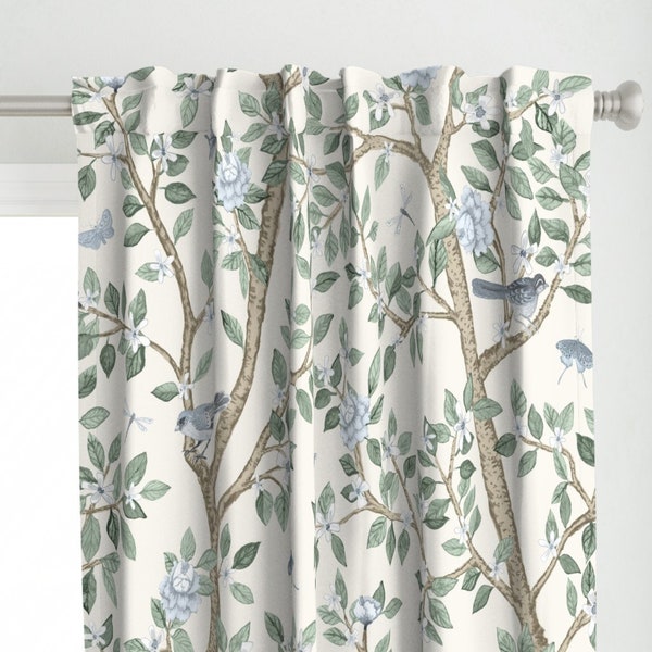 Traditional Peony Curtain Panel - Elsie's Garden by danika_herrick - Chinoiserie Silver Spruce Custom Curtain Panel by Spoonflower