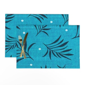 Tropical Leaf Placemats (Set of 2) - Island Breeze Aqua by heatherdutton - Hawaiian Blue Palm Leaves Ferns Cloth Placemats by Spoonflower