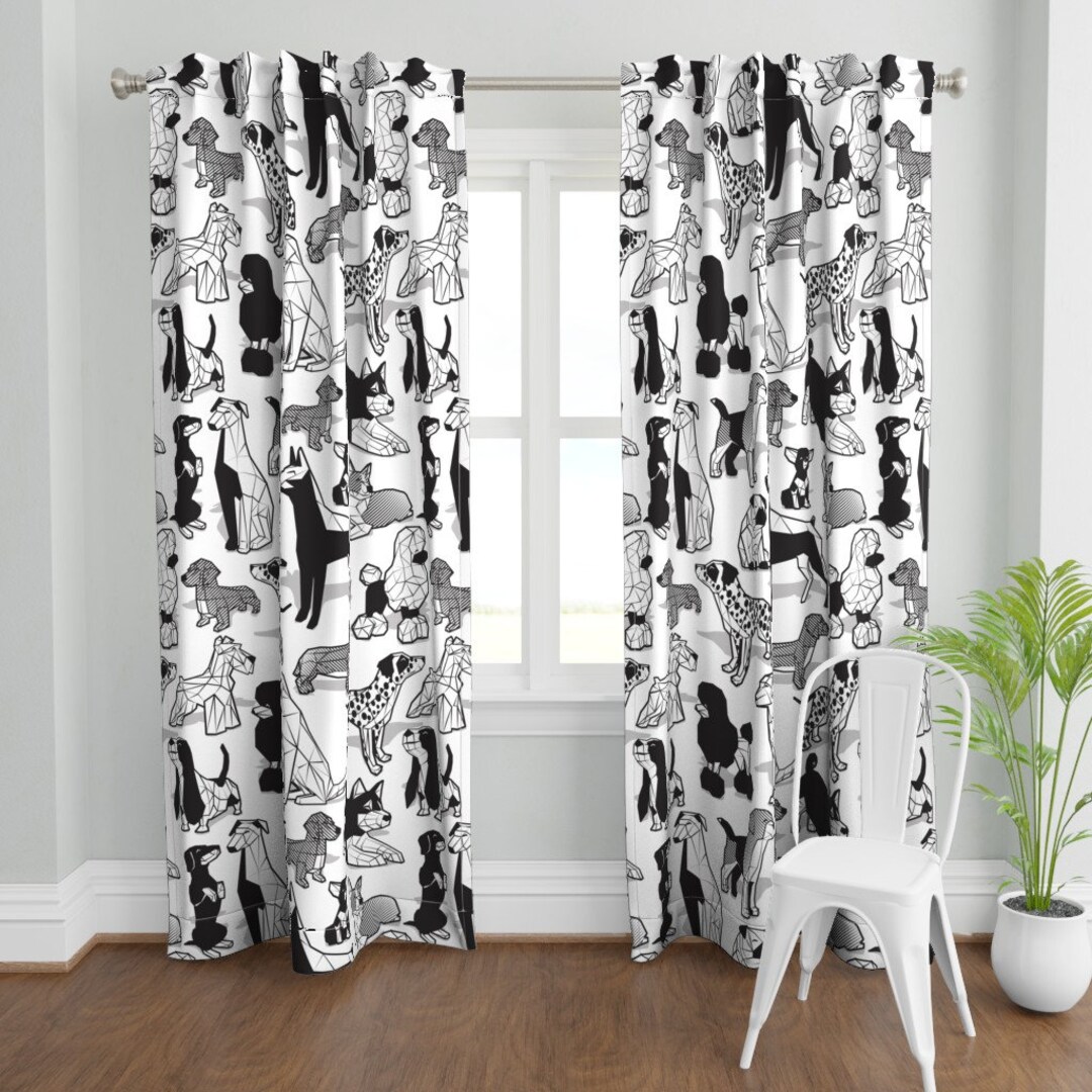 Geometric Dogs Curtain Panel Large Scale Black and White Dogs by