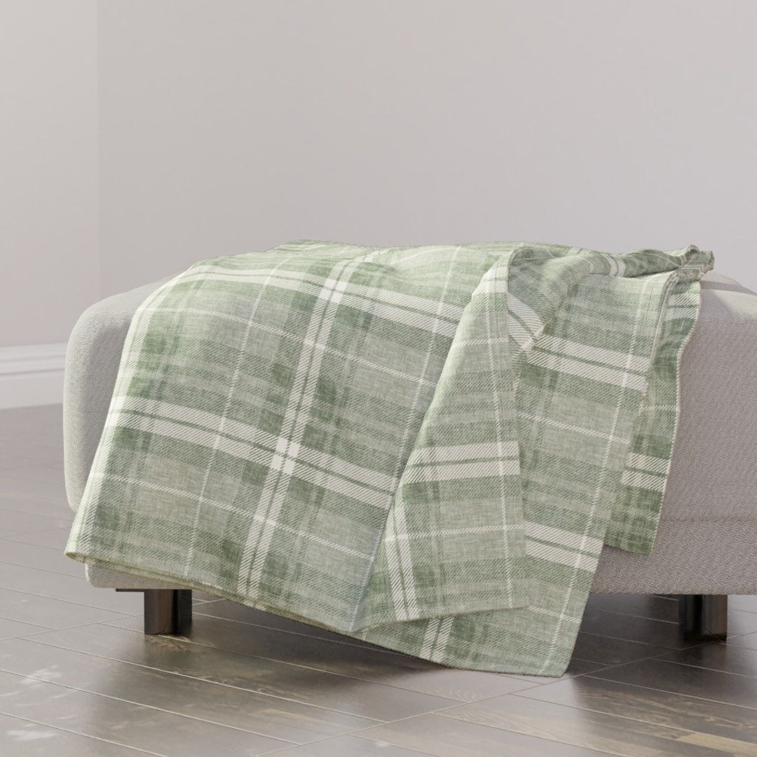 Green Plaid Throw Blanket Fall Plaid in Sage by Littlearrowdecor Faded