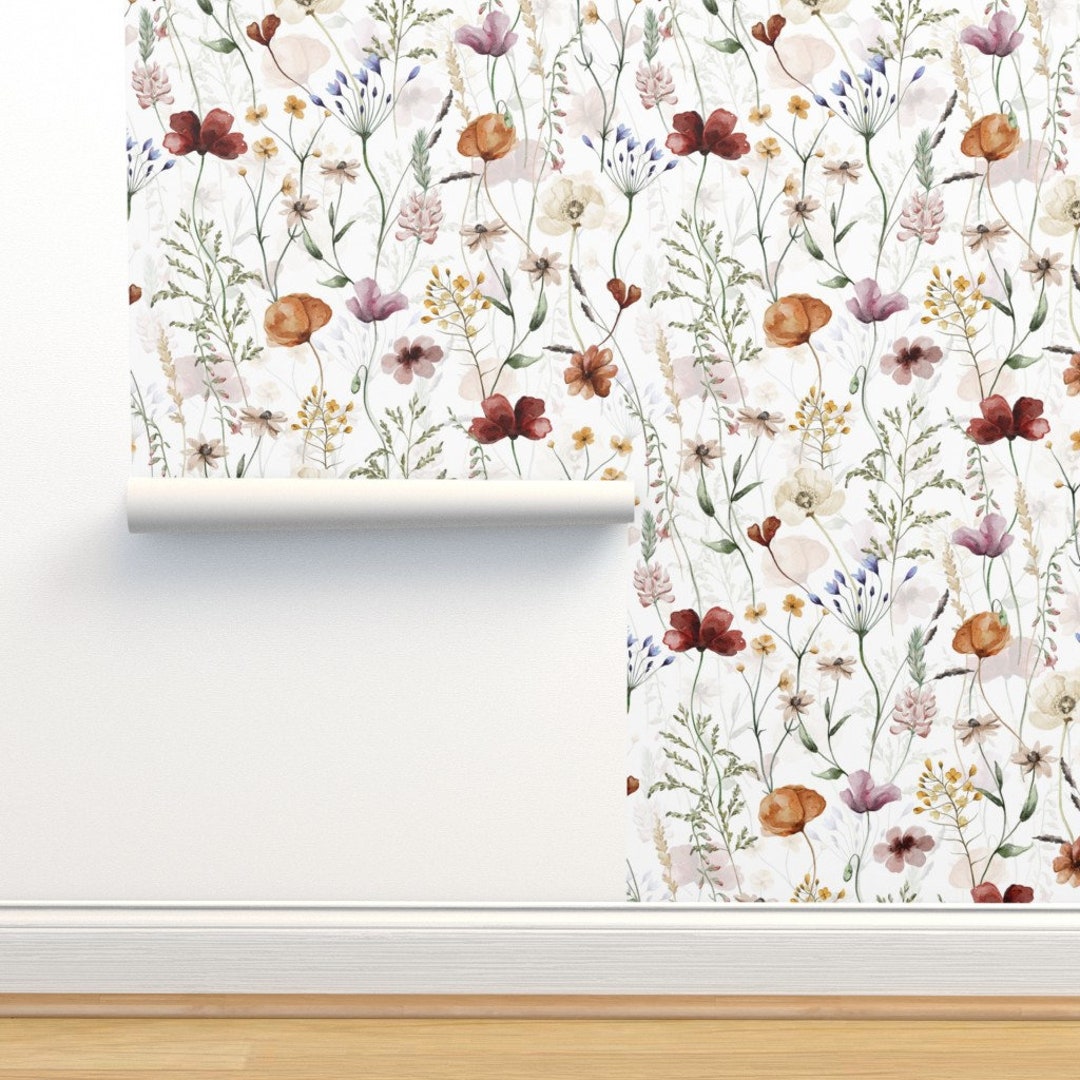 Wildflower Meadow Non-pasted Wallpaper Cottagecore Watercolor - Painted ...