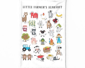 Farm Abcs Tea Towel - Little Farmer Alphabet by campclever - Barnyard Animals Nursery Learning Linen Cotton Canvas Tea Towel by Spoonflower