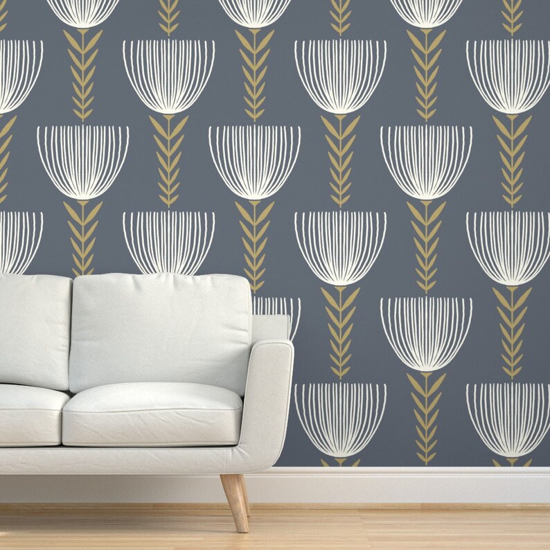 Retro Mod Floral Commercial Grade Wallpaper Flora Gray by Etsy