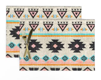 Geometric Placemats Set of 2 - Turkish Kilim Symbol Rug Carpet Cloth Placemats - Feminine Kilim by lucybaribeau