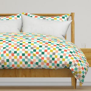 Whimsical Checks Bedding - Cheerful Sketch Checks by sanne_paul - Sketched Squares Cotton Sateen Duvet Cover OR Pillow Shams by Spoonflower