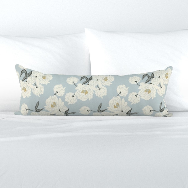 Cream Peonies XL Lumbar Pillow - Peony Serpentine by conroycreekdesigns -  Light Blue Extra Large Rectangle Lumbar Pillow by Spoonflower