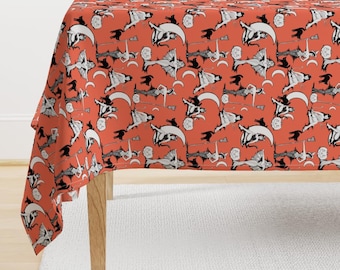 Halloween Tablecloth - Vintage Halloween Pinups Pumpkin Orange by beesocks - Witches Vixens Orange  Cotton Sateen Tablecloth by Spoonflower