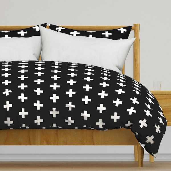 Plus Sign Bedding - White Crosses On Black - Black Plus Signs by modfox - Modern Cotton Sateen Duvet Cover OR Pillow Shams by Spoonflower