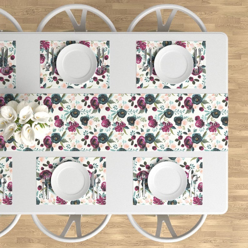 Set of 4 Boho Floral Placemats - Valentina Rose-pink Teal by crystal/_walen Watercolor Roses Cloth Placemats by Spoonflower