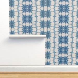 Shibori Non-Pasted Wallpaper - Shibori Double Star by pricedesigns - Tie Dye Indigo Bohemian Home Decor Wallpaper Double Roll by Spoonflower