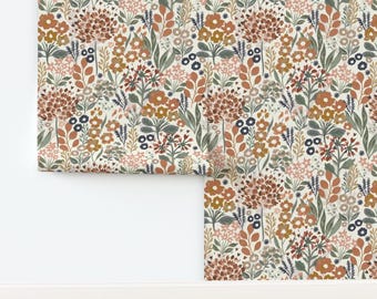 Terra Cotta Floral Non-Pasted Wallpaper Wildflowers Neutral Botanical  - Neutral Botanical by jill_o_connor Wallpaper by Spoonflower