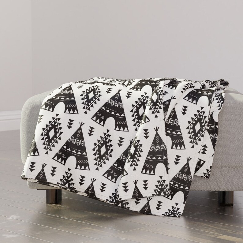 Aztec Teepees Indian Black Throw Blanket with Spoonflower Fabric Tribal Teepees Black /& White by bohemiangypsyjane Boho Throw Blanket