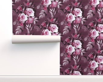 Retro Chintz Commercial Grade Wallpaper - Retro Rose Chintz Plum by micklyn - Seventies Vintage  Wallpaper Double Roll by Spoonflower