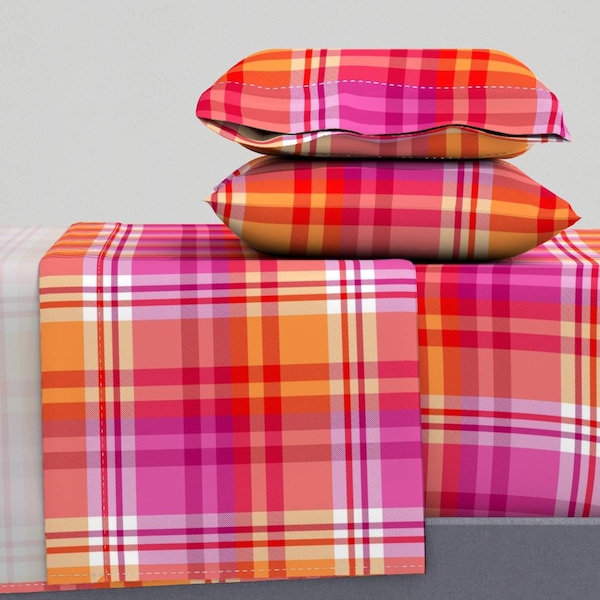 Pink Orange Plaid Sheets - Lesbian Plaid by colinmooredraws - Bold Stripe Lgbtq Pride Flag Cotton Sateen Sheet Set Bedding by Spoonflower
