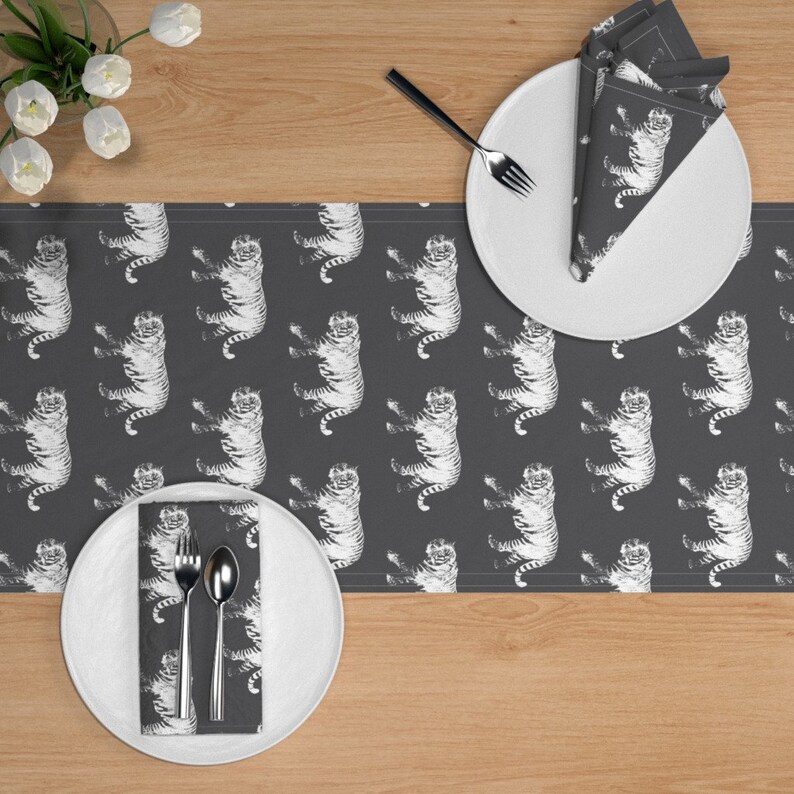 Tiger Prowl On Charcoal by thinlinetextiles Animal Print Tiger Table Runner Bengal Tiger Cotton Sateen Table Runner by Spoonflower