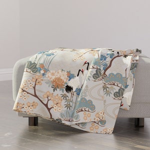 Chinoiserie Sakura Throw Blanket - Japanese Garden Grey by juditgueth - Japanese Elegant Sophisticated Throw Blanket with Spoonflower Fabric