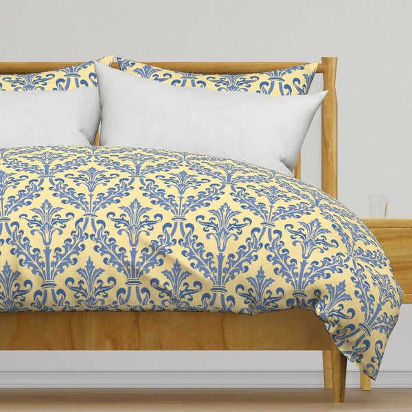 Provincial Bedding - The Damask Divine  by peacoquettedesigns - French Yellow Blue  Cotton Sateen Duvet Cover OR Pillow Shams by Spoonflower