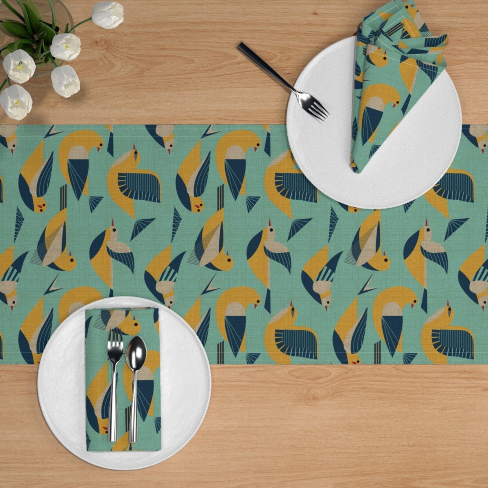 Retro Mod Table Runner Birds Flying in Blue by Etsy