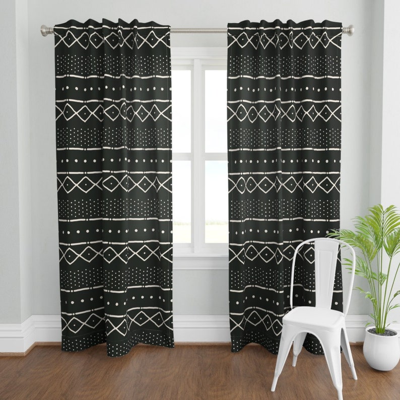 Boho Tribal Curtain Panel Mudcloth Ii Bone on Black by Etsy