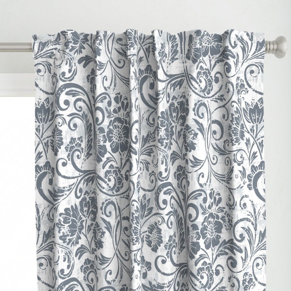 Large Scale Floral Curtain Panel - Romantic Rococo Slate by ramarama - Modern Damask Monochrome Gray Custom Curtain Panel by Spoonflower