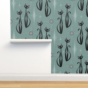 Retro 1950s Cats Non-Pasted Wallpaper - Starburst Diamond by studioxtine - Mid Century Modern  Wallpaper Double Roll by Spoonflower