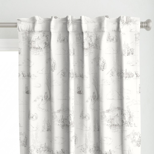 Soft Mint Pooh Curtain Panel - Mint Pooh Toile Gray by at_the_cottage - Storybook Nursery Pooh Bear Gray Custom Curtain Panel by Spoonflower