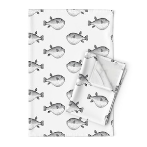 Buffer Fish Tea Towels Set of 2 - Blowfish Puffer Fish Blowfish Coastal Chic Beach House Linen Cotton - - Pufferfish  by eti_enne