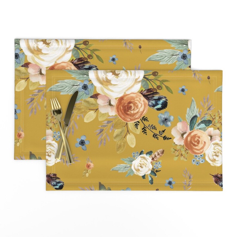 Mustard Floral Placemats set of 2 Western Autumn Mustard Etsy
