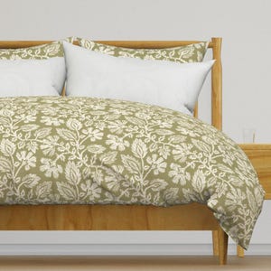 Green Floral Duvet Cover: Folk Art Block Print Cotton Sateen