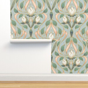 Floral Damask Commercial Grade Wallpaper - Mint Green Art Nouveau by southwind - Feminine Botanical Wallpaper Double Roll by Spoonflower