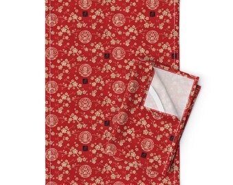 Juego de 2 paños de cocina con diseño de flor de cerezo - Año Nuevo Lunar Rojo Oro China Rojo Lino Algodón Pequeño Escala - Año Chino del Tigre de adenaj
