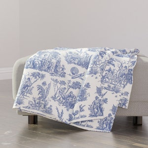 Traditional Toile Throw Blanket - Toile by peacoquettedesigns - French Romantic Blue And White Blue Throw Blanket with Spoonflower Fabric