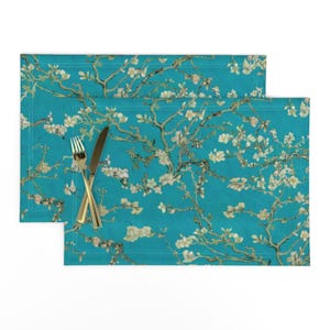 Impressionistische Tischsets (2er-Set) - Teal Almond Blossom von delinda_graphic_studio - Art Turquoise Floral Cloth Tischsets von Spoonflower