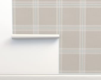 Papel pintado a cuadros neutros sin adhesivo, gran formato, color gris topo azul claro - Ventana de devondesignco. Papel pintado en rollo doble de Spoonflower.