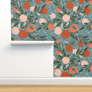 Summer Citrus Non-Pasted Wallpaper - Grapefruit Rain Jumbo by indybloomdesign - Raining Fruit Floral  Wallpaper Double Roll by Spoonflower