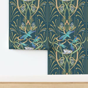 Teal Art Nouveau Non-Pasted Wallpaper - Teal Dragonflies by southwind - Elegant Dragonflies Large Scale Wallpaper Double Roll by Spoonflower