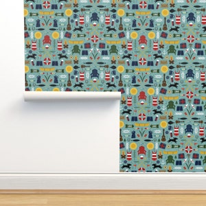 Lake House Non-Pasted Wallpaper - Mid-century Lake House by lellobird - Rustic Cabin Vacation Water Wallpaper Double Roll by Spoonflower