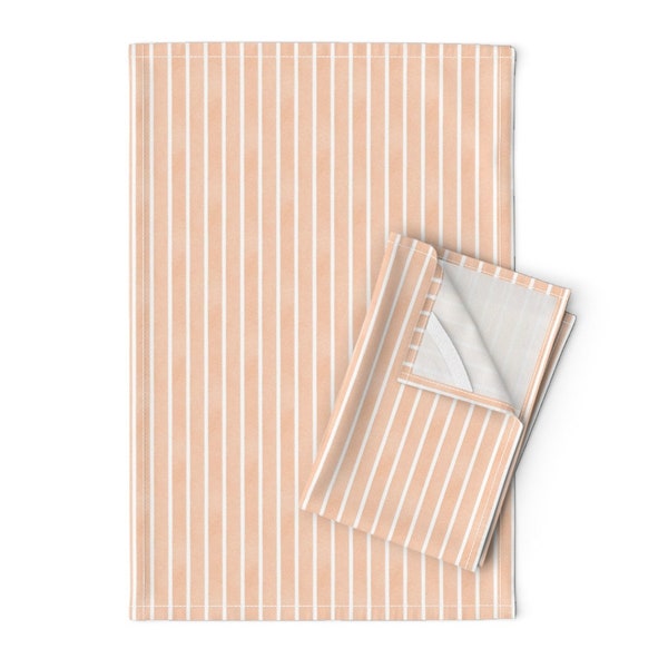 Pastel Orange Tea Towels (Set of 2) - Orange White Stripe by kuriyamadesigns - Coastal Neutral Linen Cotton Tea Towels by Spoonflower